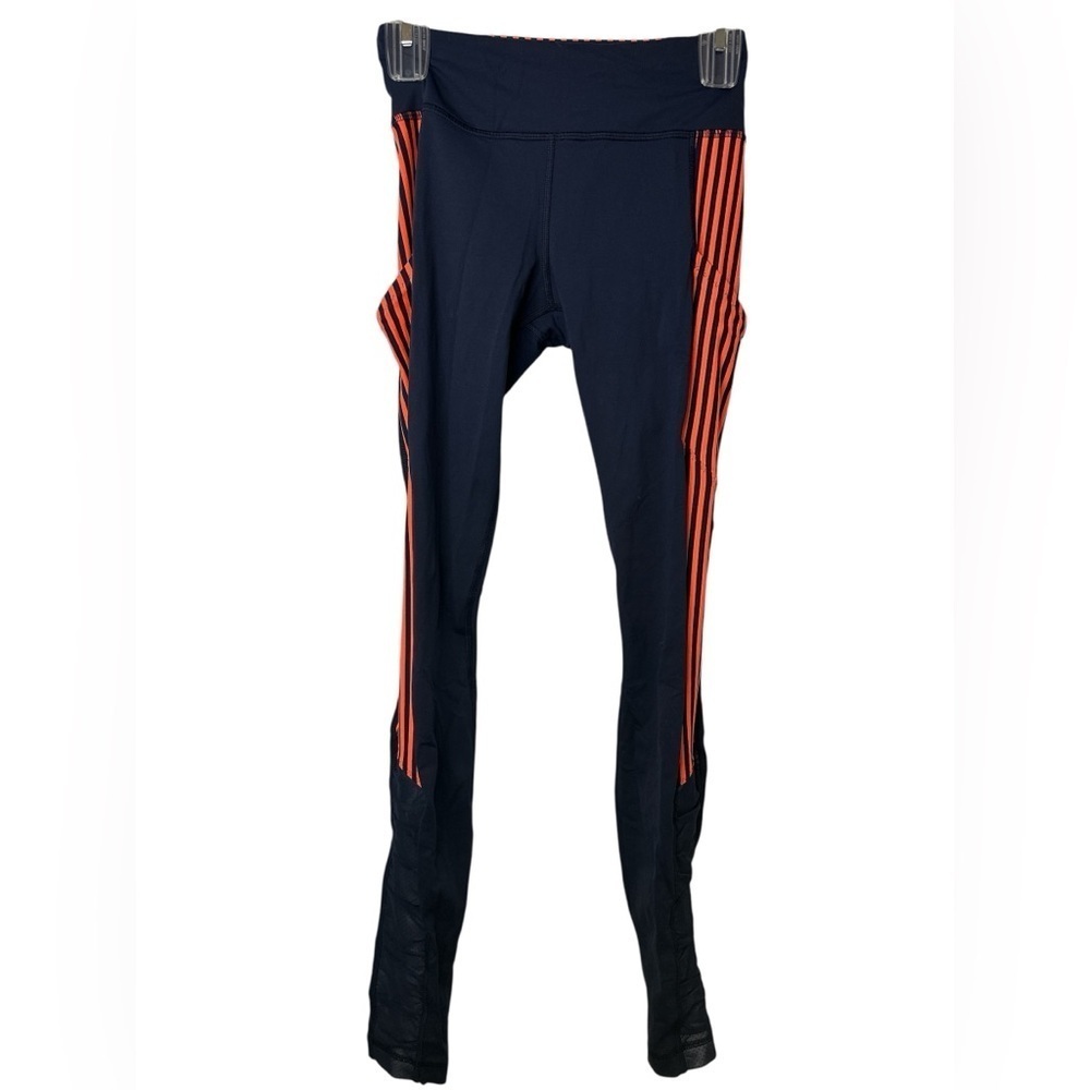 Lululemon Get Up and Glow Tights Navy Neon Orange Striped Size 4 Pockets